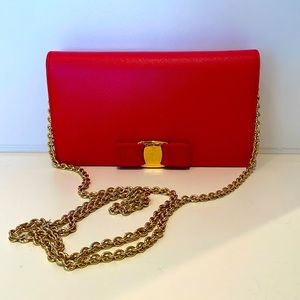 Salvatore Ferragamo red wallet on chain with cross body gold chain